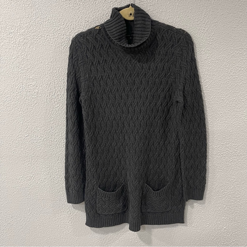 Jeanne Pierre Womens Gray Cable Knit Sweater Turtle Neck W/Pockets Size M C Desc